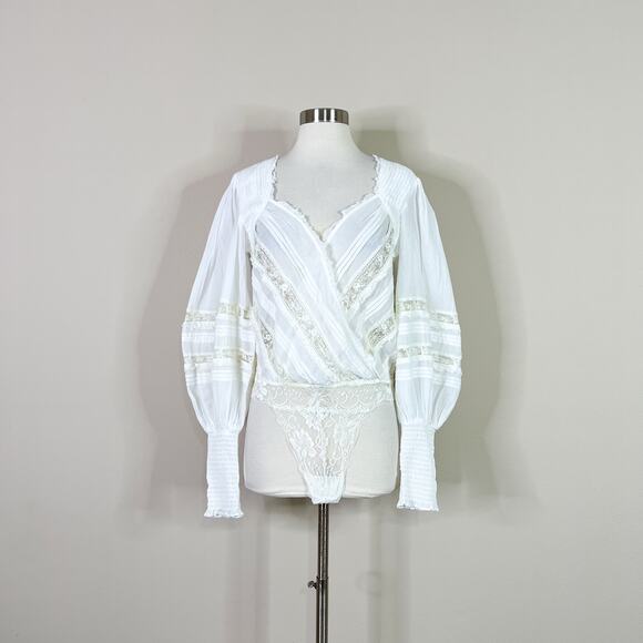 NEW Free People | Eloise White Lace Puff Sleeve V Neck Semi Sheer Bodysuit Top - Picture 2 of 12